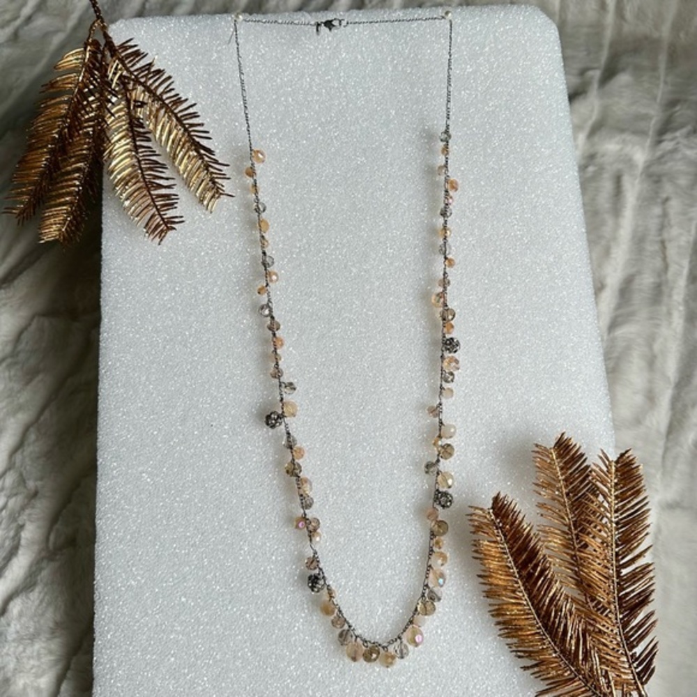 LOFT Necklace long silver chain dripping with peach and grey faceted crystals